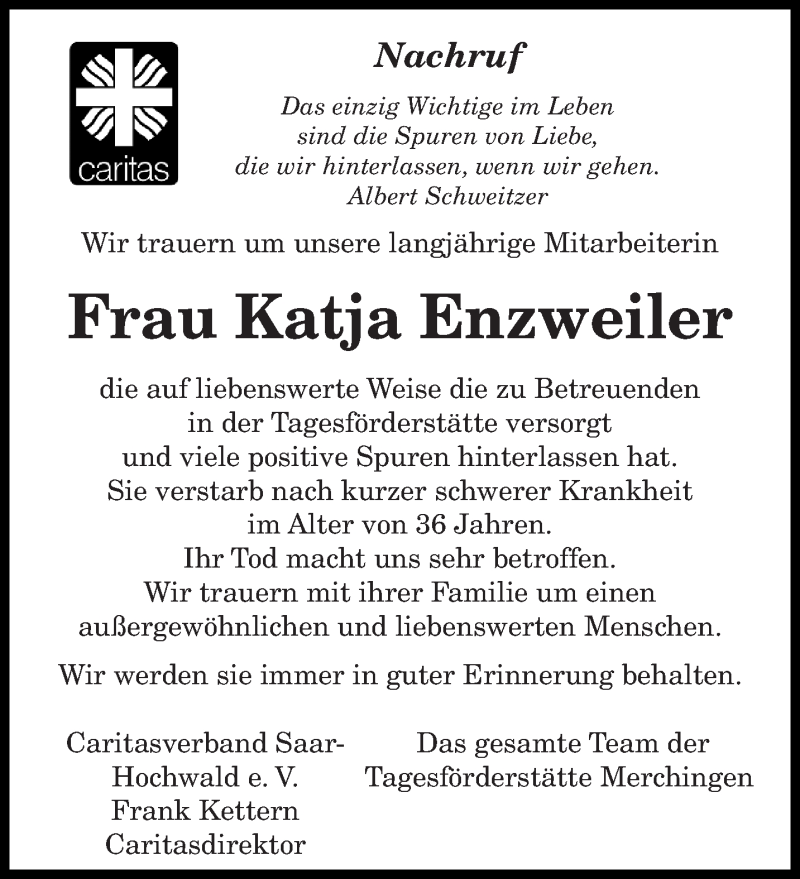  Traueranzeige für Katja Enzweiler vom 09.11.2020 aus saarbruecker_zeitung