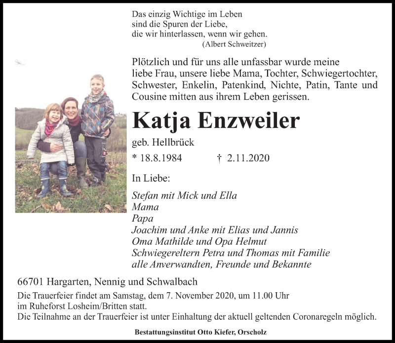  Traueranzeige für Katja Enzweiler vom 06.11.2020 aus saarbruecker_zeitung