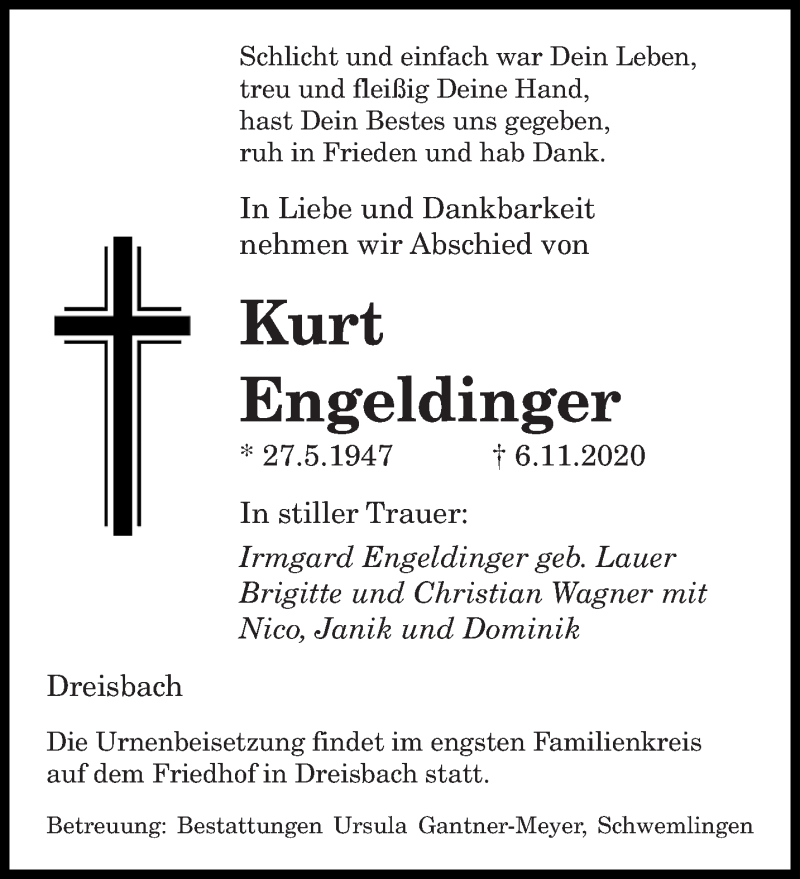  Traueranzeige für Kurt Engeldinger vom 07.11.2020 aus saarbruecker_zeitung