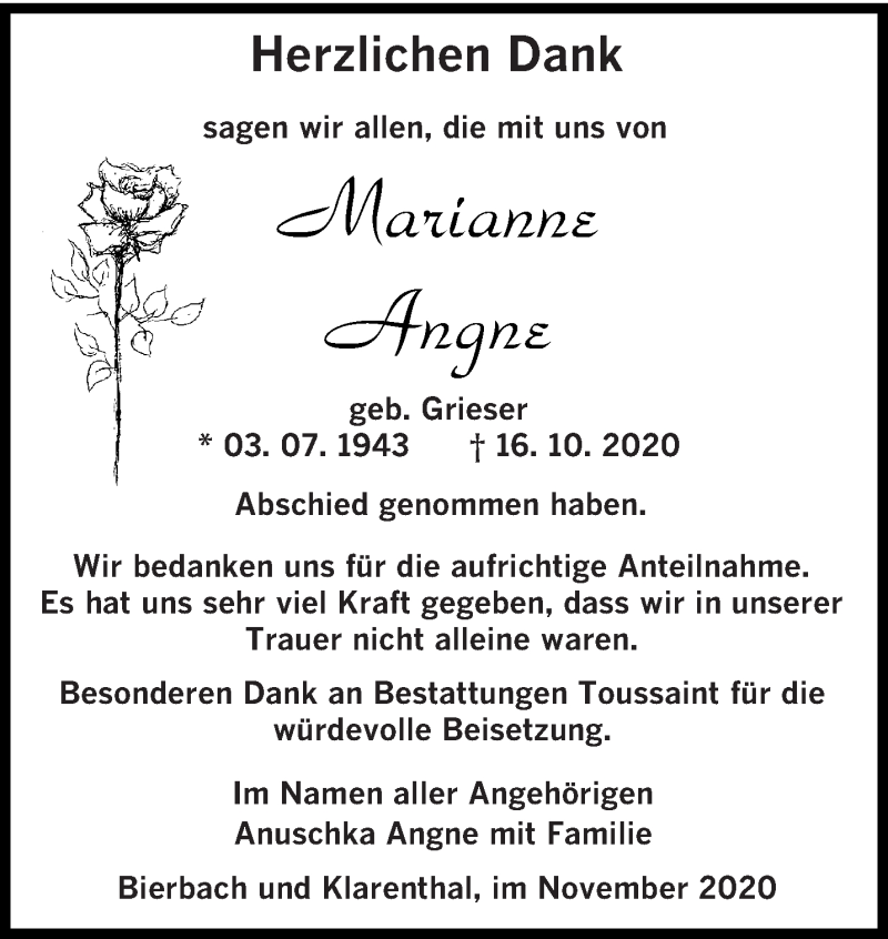  Traueranzeige für Marianne Angne vom 28.11.2020 aus saarbruecker_zeitung