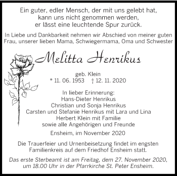 Traueranzeige von Melitta Henrikus von saarbruecker_zeitung