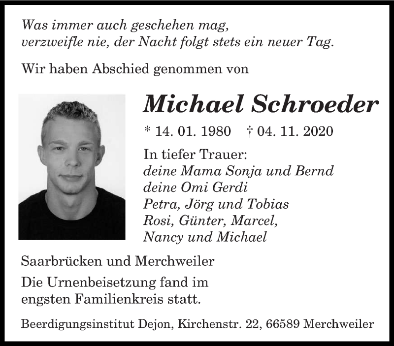  Traueranzeige für Michael Schroeder vom 21.11.2020 aus saarbruecker_zeitung