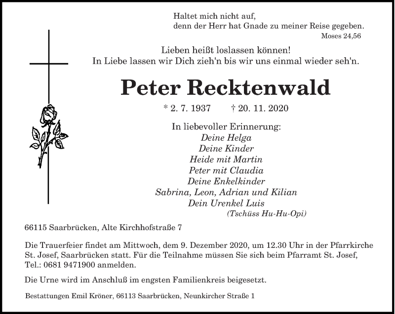  Traueranzeige für Peter Recktenwald vom 28.11.2020 aus saarbruecker_zeitung