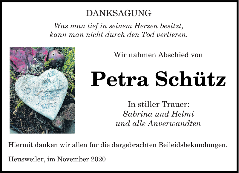  Traueranzeige für Petra Schütz vom 21.11.2020 aus saarbruecker_zeitung