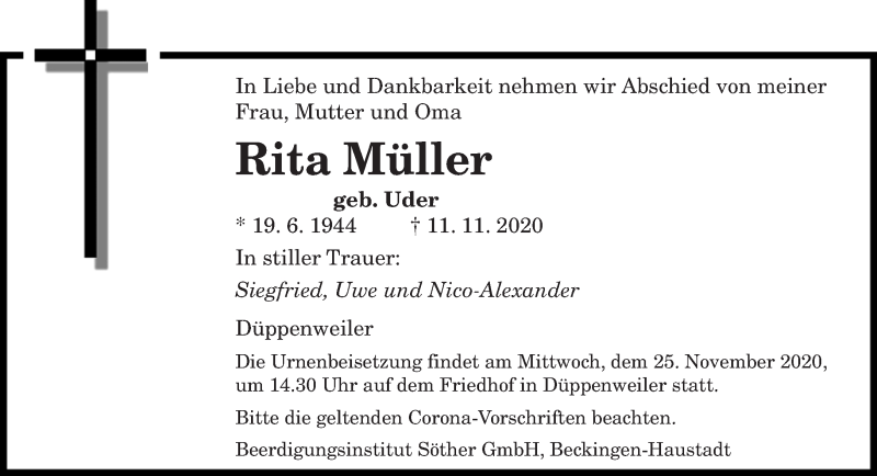  Traueranzeige für Rita Müller vom 21.11.2020 aus saarbruecker_zeitung