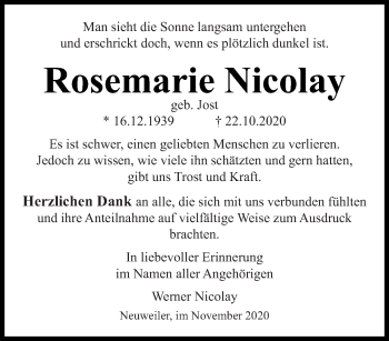 Traueranzeige von Rosemarie Nicolay von saarbruecker_zeitung