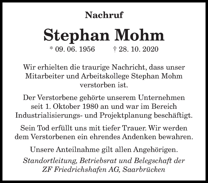  Traueranzeige für Stephan Mohm vom 04.11.2020 aus saarbruecker_zeitung