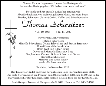 Traueranzeige von Thomas Schweitzer von saarbruecker_zeitung