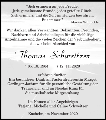 Traueranzeige von Thomas Schweitzer von saarbruecker_zeitung