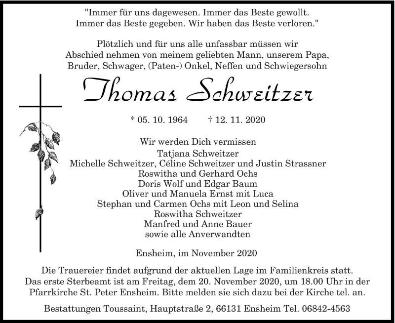  Traueranzeige für Thomas Schweitzer vom 18.11.2020 aus saarbruecker_zeitung