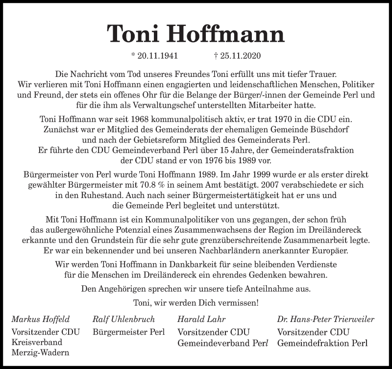  Traueranzeige für Toni Hoffmann vom 28.11.2020 aus saarbruecker_zeitung