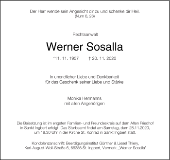 Traueranzeige von Werner Sosalla von saarbruecker_zeitung