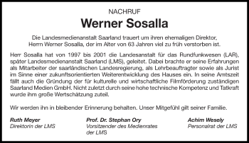 Traueranzeige von Werner Sosalla von saarbruecker_zeitung