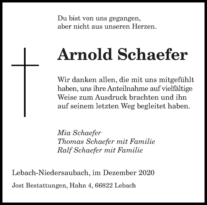 Traueranzeige für Arnold Schaefer vom 05.12.2020 aus saarbruecker_zeitung