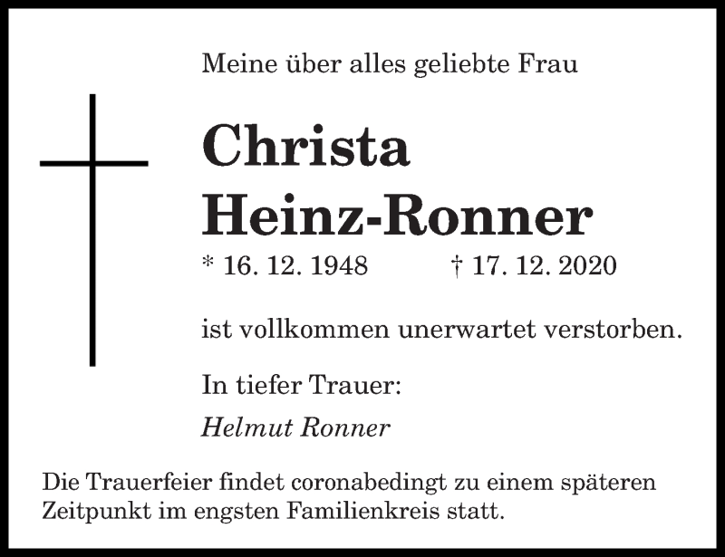  Traueranzeige für Christa Heinz-Ronner vom 30.12.2020 aus saarbruecker_zeitung