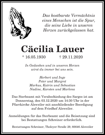 Traueranzeige von Cäcilia Lauer von saarbruecker_zeitung