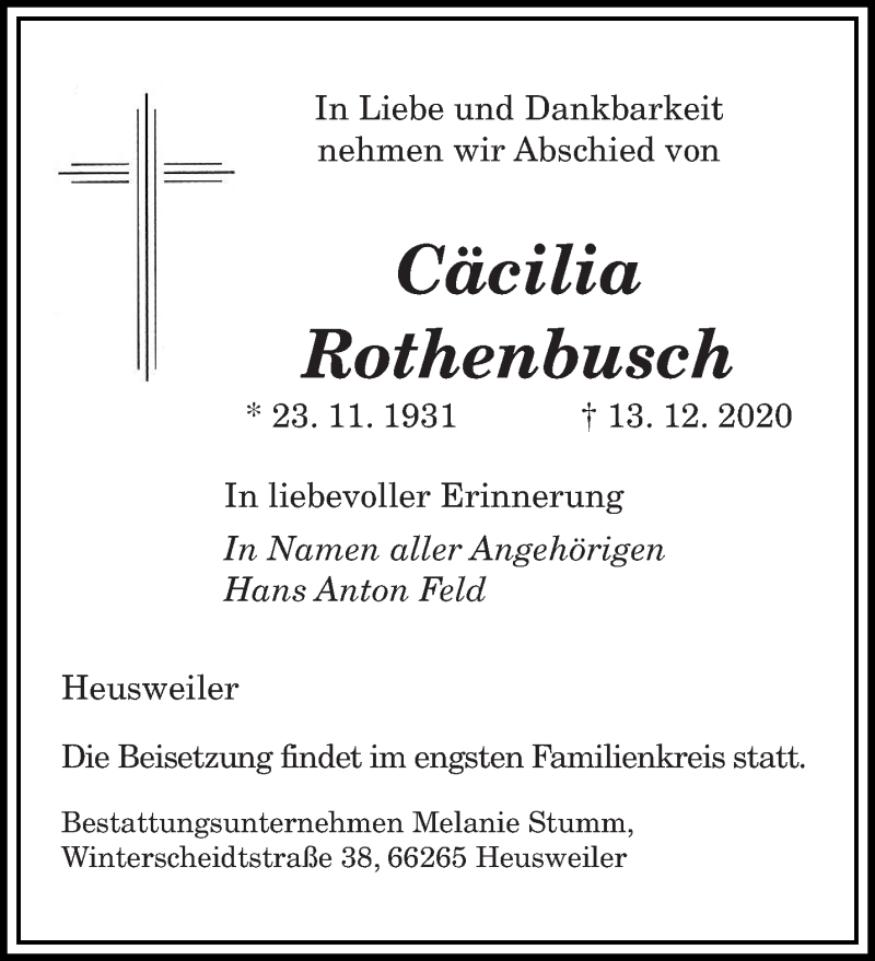  Traueranzeige für Cäcilia Rothenbusch vom 19.12.2020 aus saarbruecker_zeitung