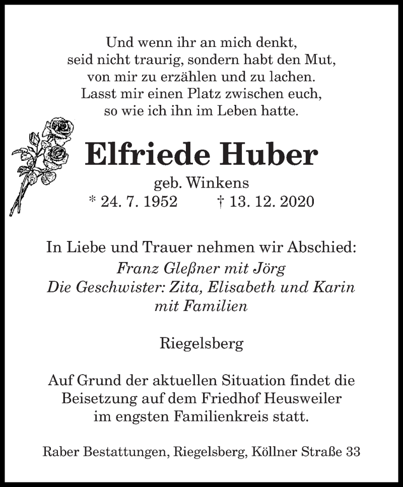  Traueranzeige für Elfriede Huber vom 19.12.2020 aus saarbruecker_zeitung