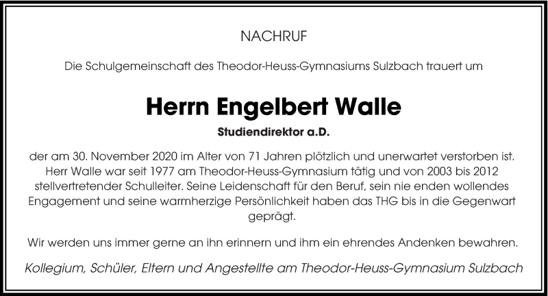  Traueranzeige für Engelbert Walle vom 12.12.2020 aus saarbruecker_zeitung