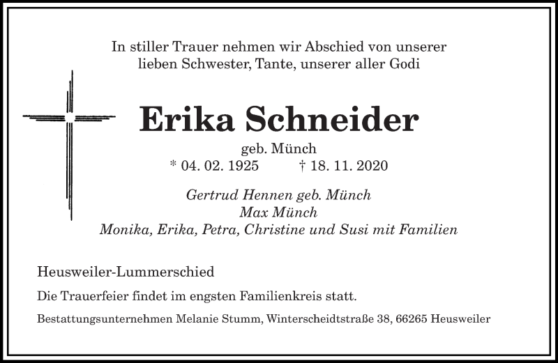  Traueranzeige für Erika Schneider vom 05.12.2020 aus saarbruecker_zeitung
