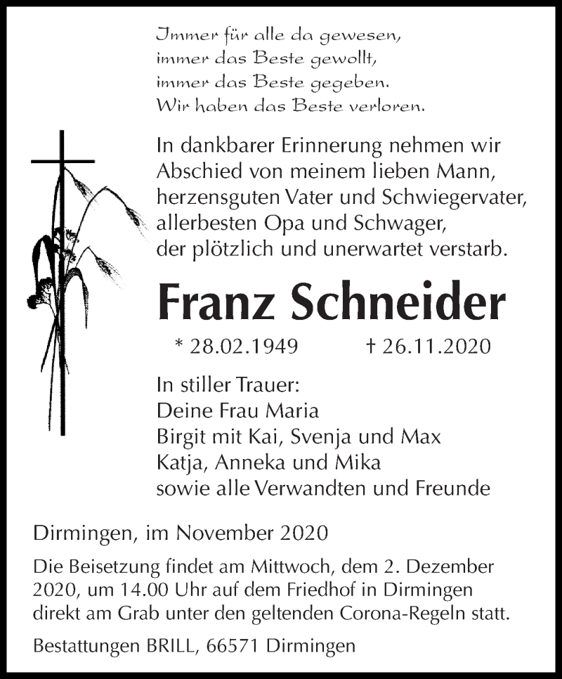  Traueranzeige für Franz Schneider vom 30.11.2020 aus saarbruecker_zeitung