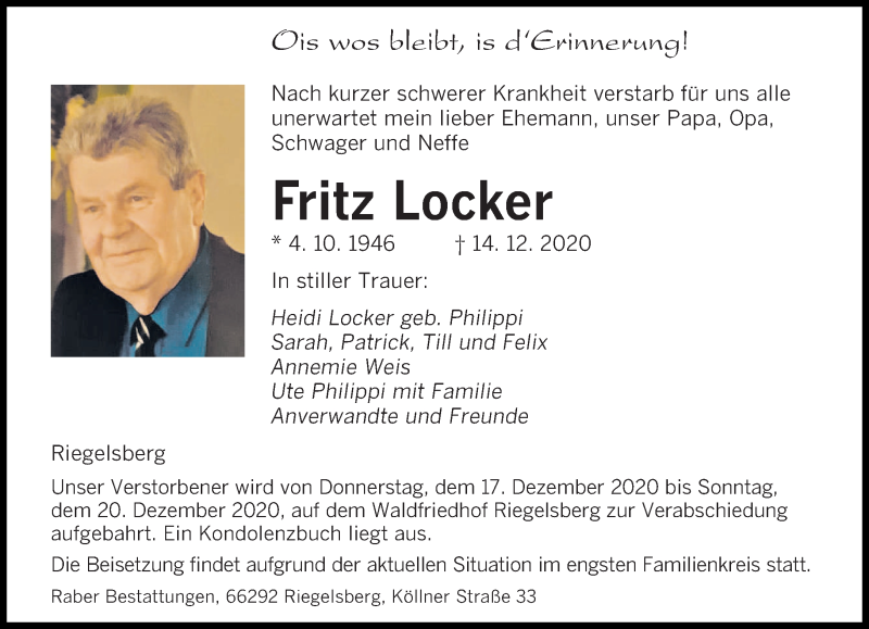  Traueranzeige für Fritz Locker vom 17.12.2020 aus saarbruecker_zeitung
