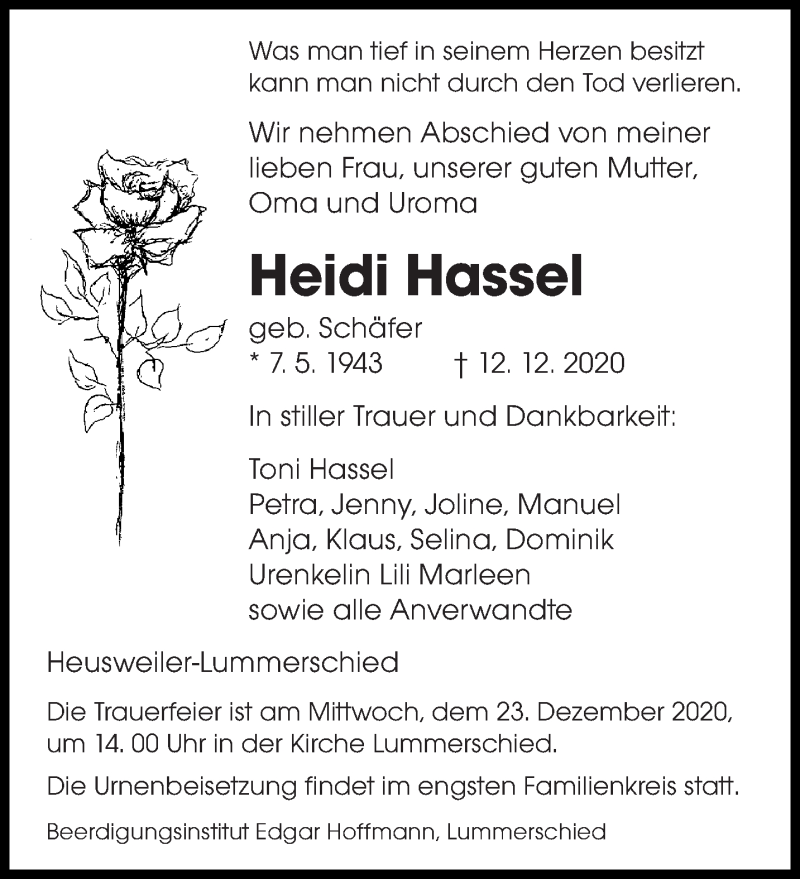  Traueranzeige für Heidi Hassel vom 19.12.2020 aus saarbruecker_zeitung