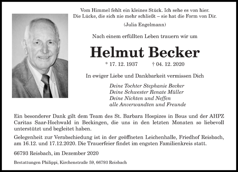  Traueranzeige für Helmut Becker vom 12.12.2020 aus saarbruecker_zeitung