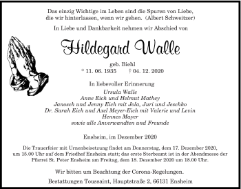 Traueranzeige von Hildegard Walle von saarbruecker_zeitung