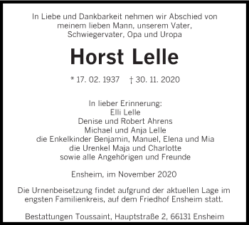 Traueranzeige von Horst Lelle von saarbruecker_zeitung