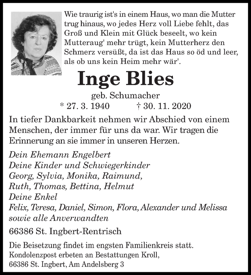  Traueranzeige für Inge Blies vom 19.12.2020 aus saarbruecker_zeitung