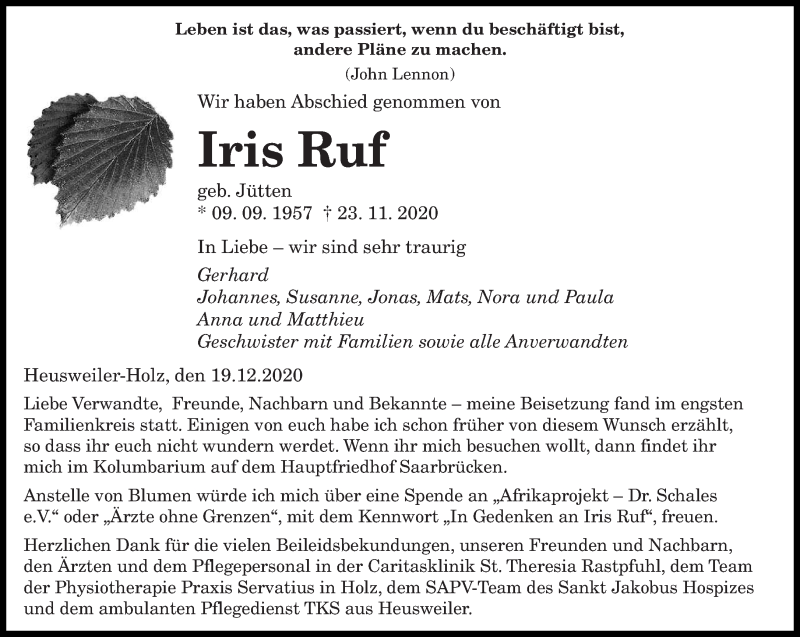  Traueranzeige für Iris Ruf vom 19.12.2020 aus saarbruecker_zeitung