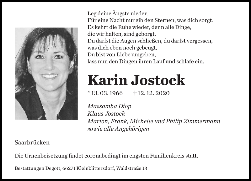  Traueranzeige für Karin Jostock vom 19.12.2020 aus saarbruecker_zeitung