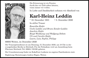 Traueranzeige von Karl-Heinz Leddin von saarbruecker_zeitung