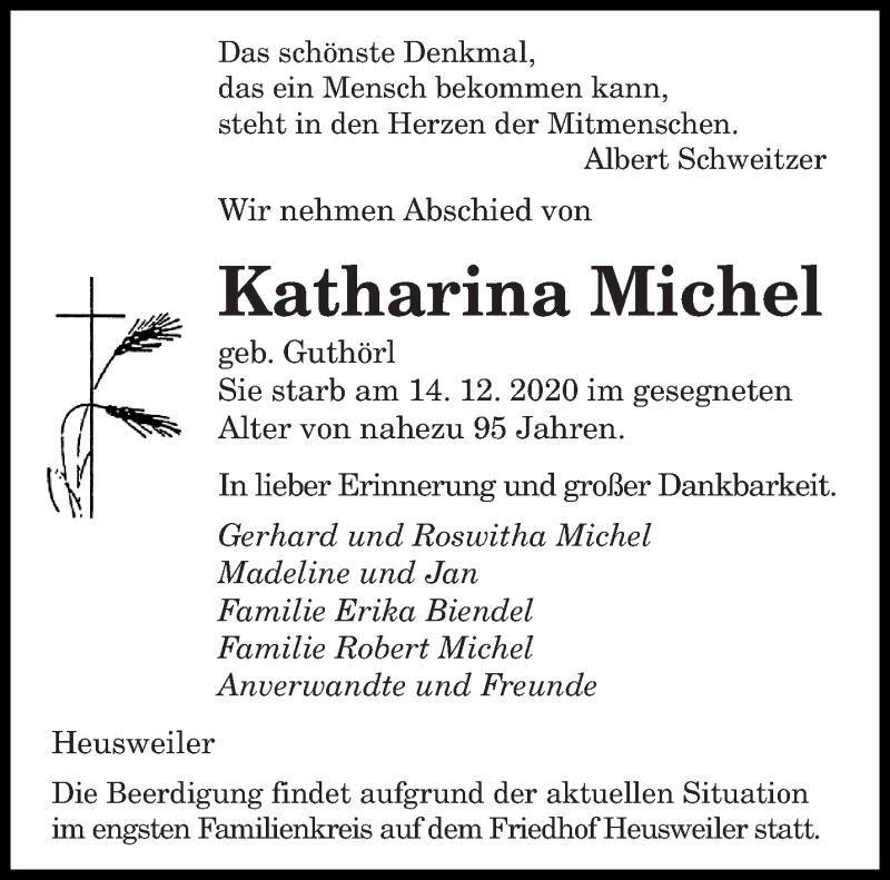  Traueranzeige für Katharina Michel vom 19.12.2020 aus saarbruecker_zeitung
