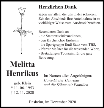 Traueranzeige von Melitta Henrikus von saarbruecker_zeitung