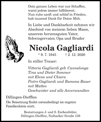 Traueranzeige von Nicola Gagliardi von saarbruecker_zeitung