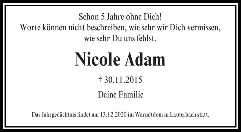  Traueranzeige für Nicole Adam vom 30.11.2020 aus saarbruecker_zeitung