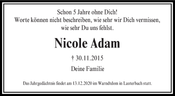 Traueranzeige von Nicole Adam von saarbruecker_zeitung