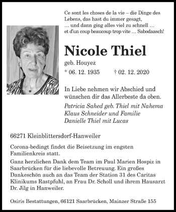 Traueranzeige von Nicole Thiel von saarbruecker_zeitung