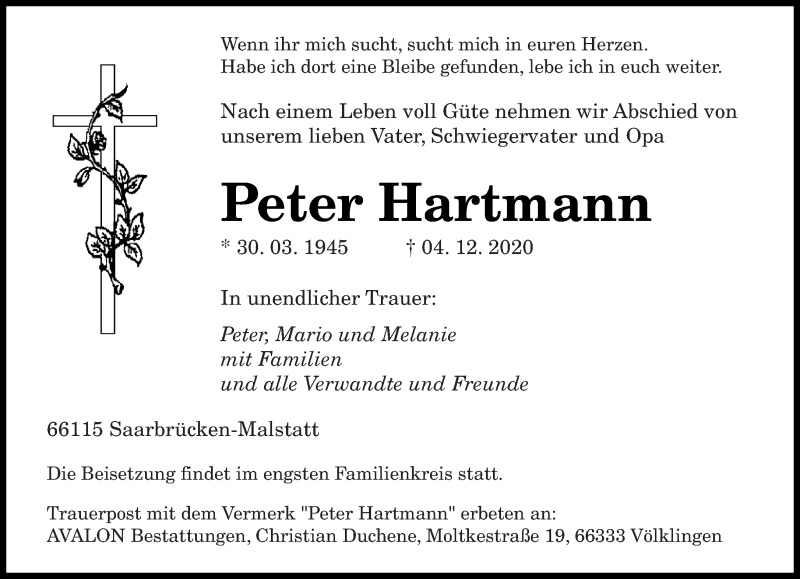  Traueranzeige für Peter Hartmann vom 09.12.2020 aus saarbruecker_zeitung