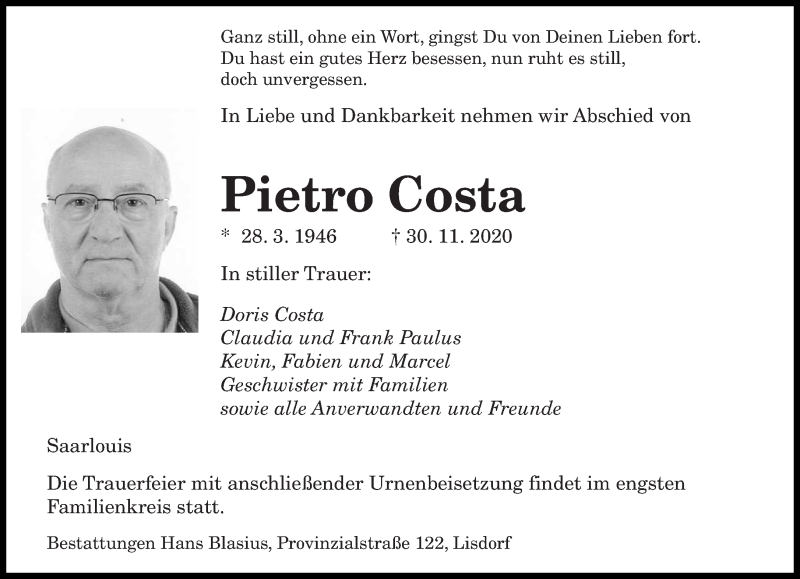  Traueranzeige für Pietro Costa vom 05.12.2020 aus saarbruecker_zeitung