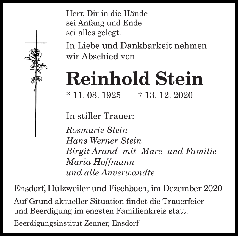  Traueranzeige für Reinhold Stein vom 15.12.2020 aus saarbruecker_zeitung