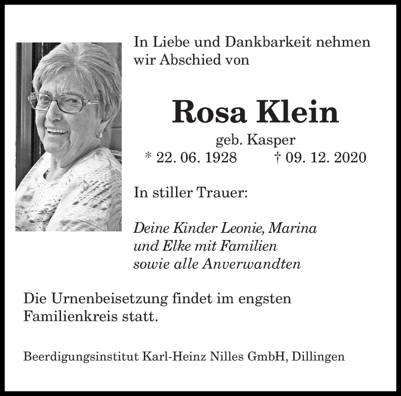  Traueranzeige für Rosa Klein vom 19.12.2020 aus saarbruecker_zeitung