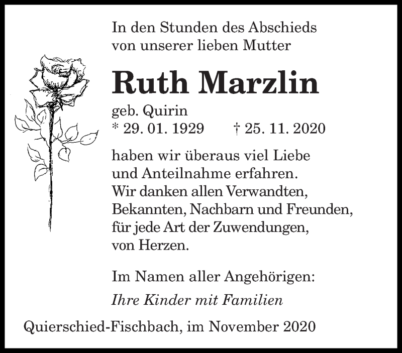  Traueranzeige für Ruth Marzlin vom 19.12.2020 aus saarbruecker_zeitung