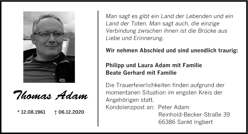  Traueranzeige für Thomas Adam vom 12.12.2020 aus saarbruecker_zeitung