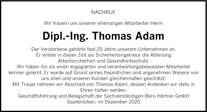 Traueranzeige für Thomas Adam vom 12.12.2020 aus saarbruecker_zeitung