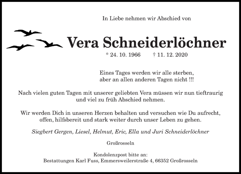  Traueranzeige für Vera Schneiderlöchner vom 16.12.2020 aus saarbruecker_zeitung