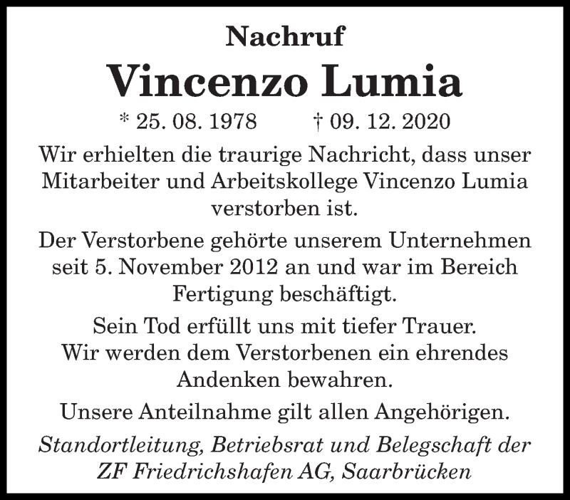  Traueranzeige für Vincenzo Lumia vom 19.12.2020 aus saarbruecker_zeitung