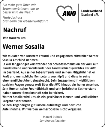 Traueranzeige von Werner Sosalla von saarbruecker_zeitung